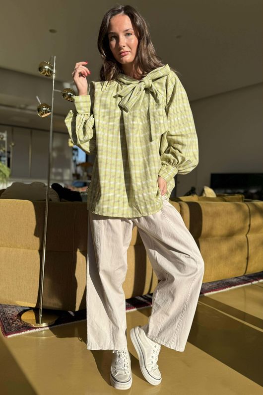 Ophelia Plaid Tie Neck Blouse Soft Lime